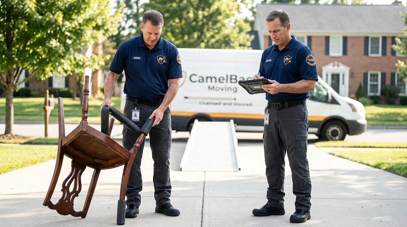 Movers inspecting furniture for damage prevention before loading in Columbus, GA